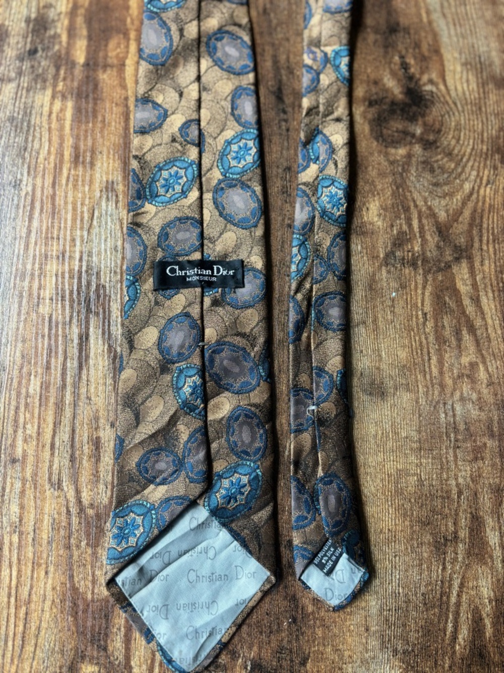 Vintage Christian Dior Monsieur Tie 5% Silk Brown & Blue Medallion Paisley